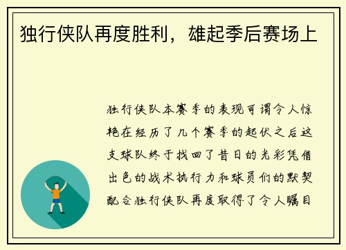 独行侠队再度胜利，雄起季后赛场上